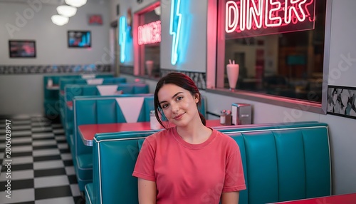 Smiling Young Woman in Blank T shirt for Mockup in Retro Neon Diner Booth With Vibrant Lights