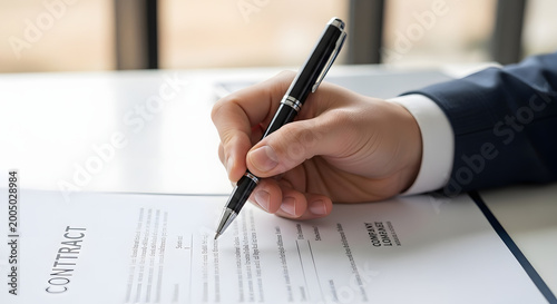 Businessman in suit signing a contract with a black pen on a white table