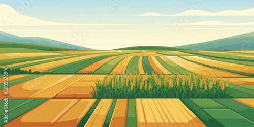 Tableau sur toile vector illustration of a peaceful rural landscape with green hills blue sky clou