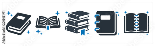 A set of 5 icons as close book, open book, book stack