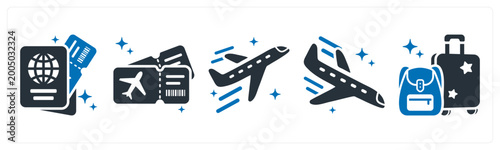 Tableau sur toile A set of 5 icons as passport, boarding pass, airplane takeoff