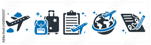 Fotografie A set of 5 icons as plane, luggage, itinerary