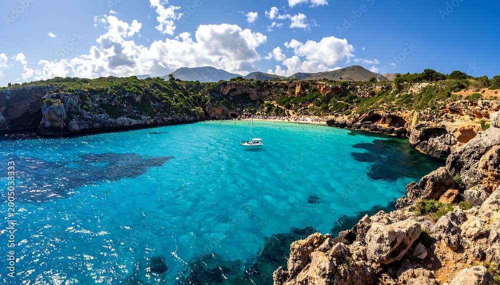 Fototapeta premium A serene turquoise bay with rocky shores and a distant boat