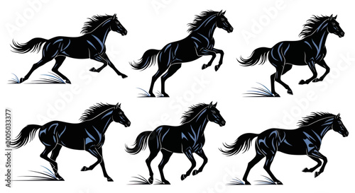 Fotografi Set of six running black horses in different poses, illustrative style