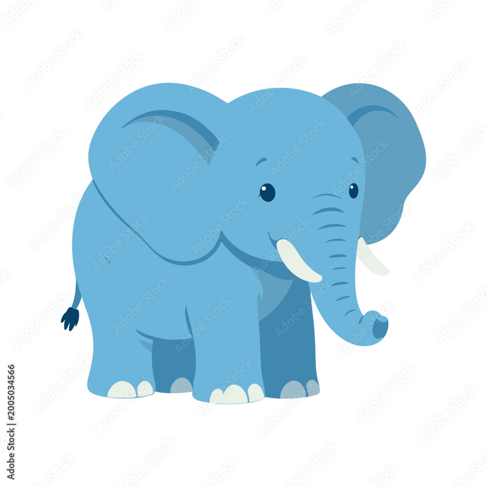 Obraz premium Adorable baby elephant stands on a white background with a light blue color palette