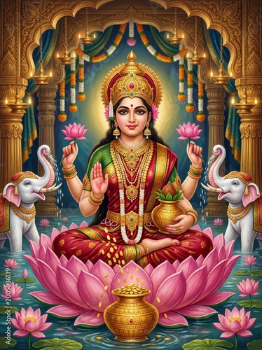 Divine wealth goddess lakshmi on a pink lotus in tranquil ambiance