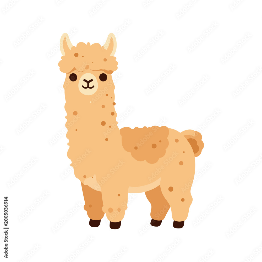 Fototapeta premium Cartoon style llama illustration with a cheerful expression standing on a white backdrop
