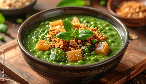 Close-up of a vibrant, green soup in a dark bowl, garnished with crunchy toppings and basil