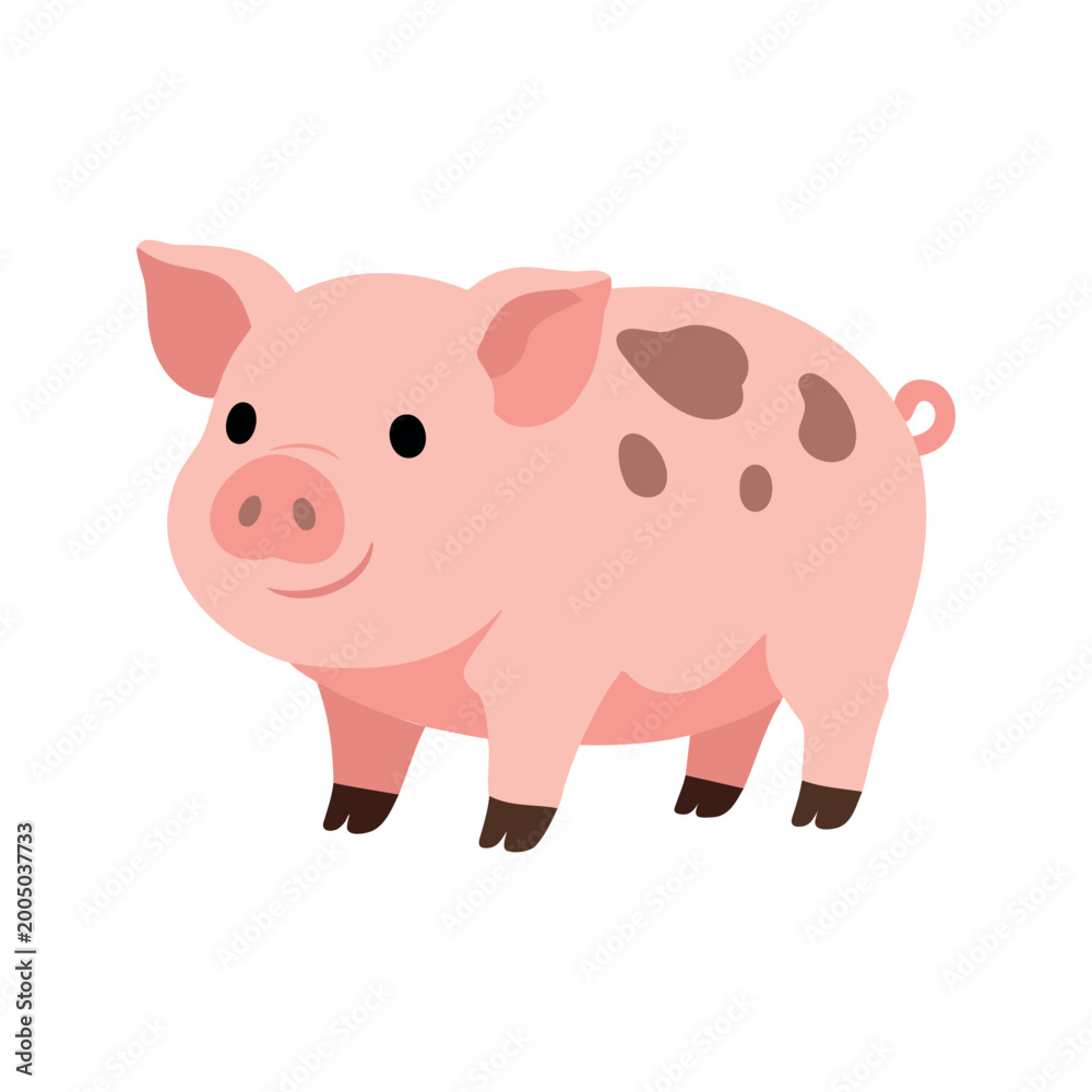Fototapeta premium A cartoon pig with light pink skin stands with its head turned forward and several brown spots appear on its body.