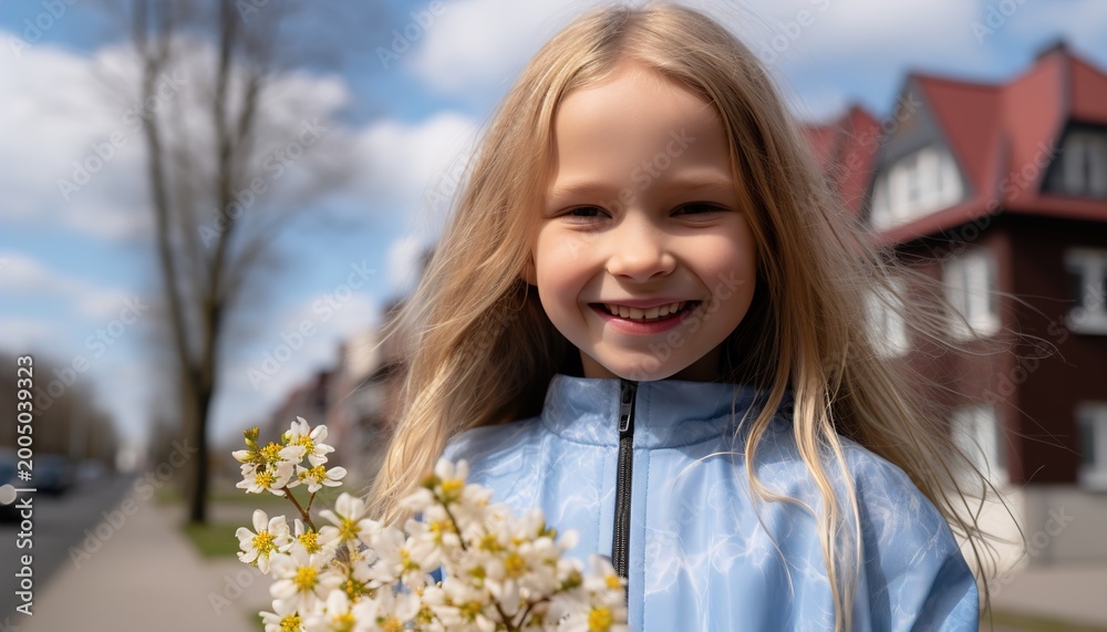 Fototapeta premium A young girl smiling and holding flowers on a suburban street