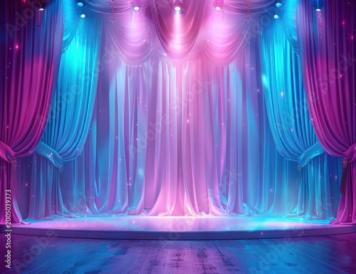 Empty stage with flowing pink, blue, purple curtains and bright spotlights, sparkling dust