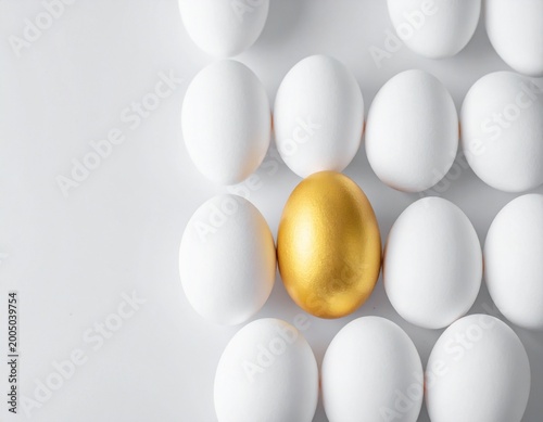 Brilliant golden egg shines brightly, captivating attention amidst a multitude of pristine white eggs, symbolizing value and distinction