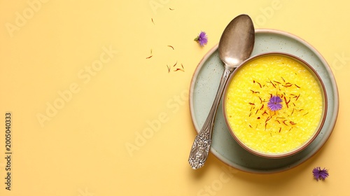 Flat lay with saffron rice pudding placed off-center on pastel yellow background, clean negative space