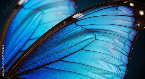 Close up macro shot of beautiful bright blue butterfly wings with black veins
