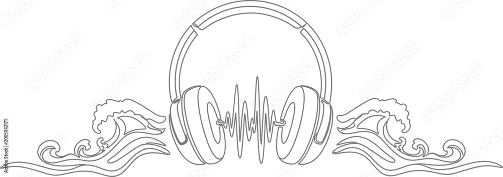 Obraz premium Continuous line drawing of modern headphones with an abstract sound wave pulsating between the earcups, surrounded by stylized ocean waves, symbolizing a unique blend of music and the sea.