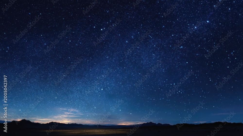 Fototapeta premium Stars shine bright in the night sky over a vast landscape with mountains under clear conditions during a calm evening
