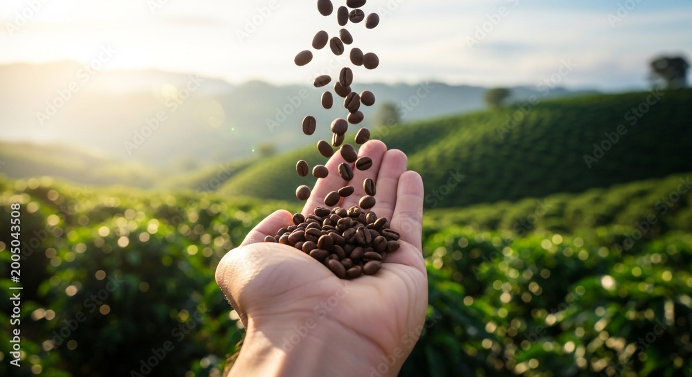 Fototapeta premium hand holding fresh tea leaves in lush green plantation at sunrise