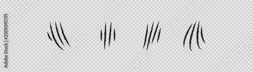 A silhouette of sharp black claw marks on a plain transparent background resembling tiger or bear scratches
