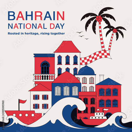 Bahrain National Day illustration with buildings and waves