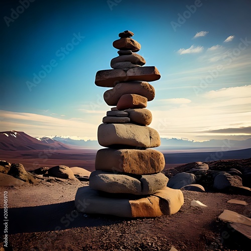 Balanced stones on a vast, arid landscape