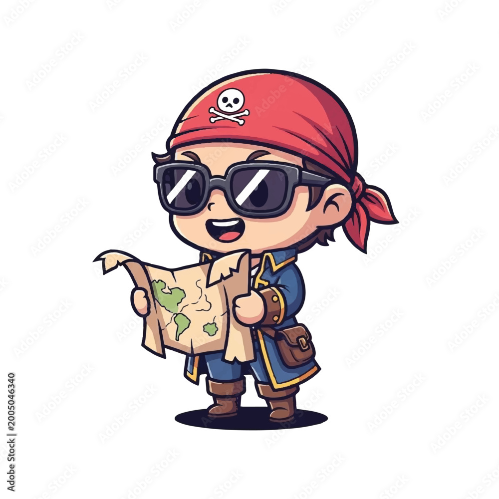 Naklejka premium Cartoon pirate boy with map.
