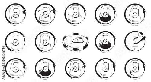 Collection of 15 grunge-style top-down views of open and closed soda cans with food and drink beverage top view aluminum illustration collection