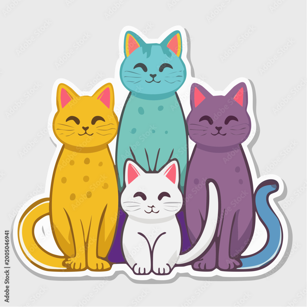 Fototapeta premium Group of Four Cute Cartoon Cats in Different Colors