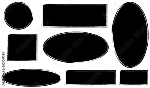 Set of Black Grunge Geometric Shapes with Distressed Border Frames for Graphic Design.