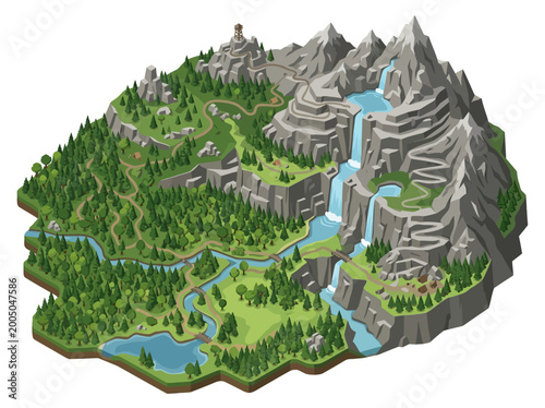 Vector map illustration of a sprawling mountain landscape with lush green forests, winding rivers, and a majestic waterfall, perfect for adventure and fantasy themes