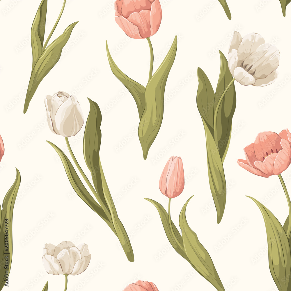 Obraz premium Seamless floral pattern with white and pink tulips. Vector illustration. 