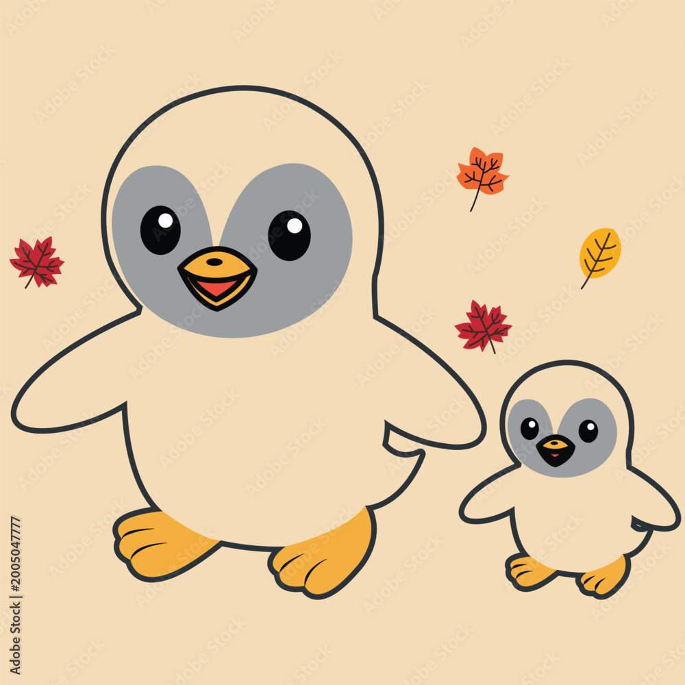 Obraz premium Cute Kawaii Penguin Family Vector Illustration with Autumn Maple Leaves for Kids Design