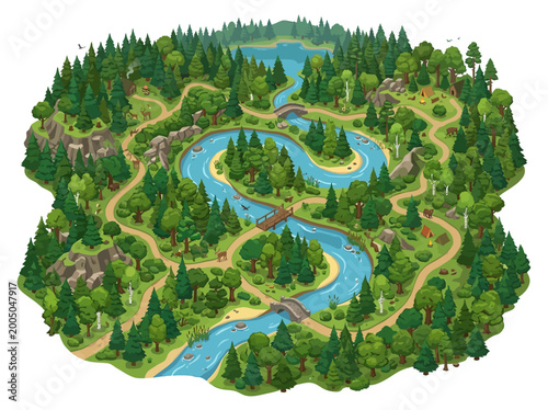 Vibrant forest map vector illustration with winding rivers and trees, perfect for adventure games and nature exploration