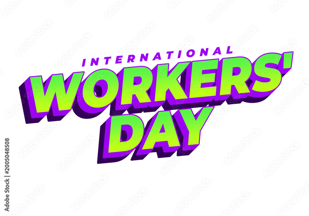 Fototapeta premium Bold 3d neon text reading International Workers Day with bright green letters, purple shadows, slanted energetic layout on white background.