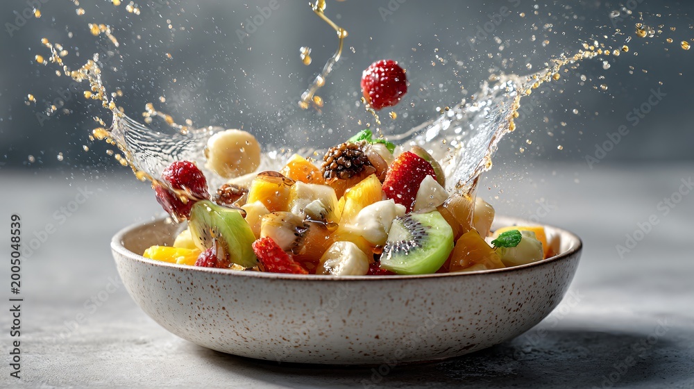 Fototapeta premium Fruit salad with honey drizzle captured mid-motion, served in a ceramic bowl on a gray concrete surface, dynamic composition with soft shadows