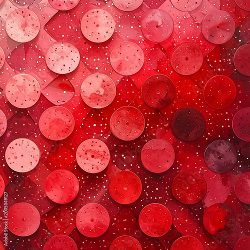 Close-up of a vibrant red textured background. Layered circles and squares with various shades create a visually rich piece