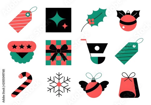 Festive Christmas icons with shopping elements for holiday promotions Isolated on white background