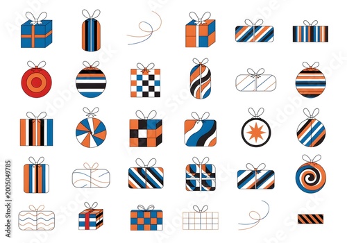 Geometric Gift Boxes with Ribbons in Modern Graphic Style Isolated on white background