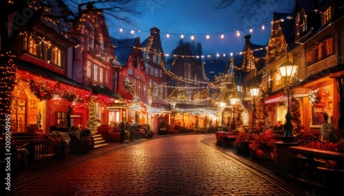 Charming European Street Illuminated by Festive Holiday Lights at Dusk.