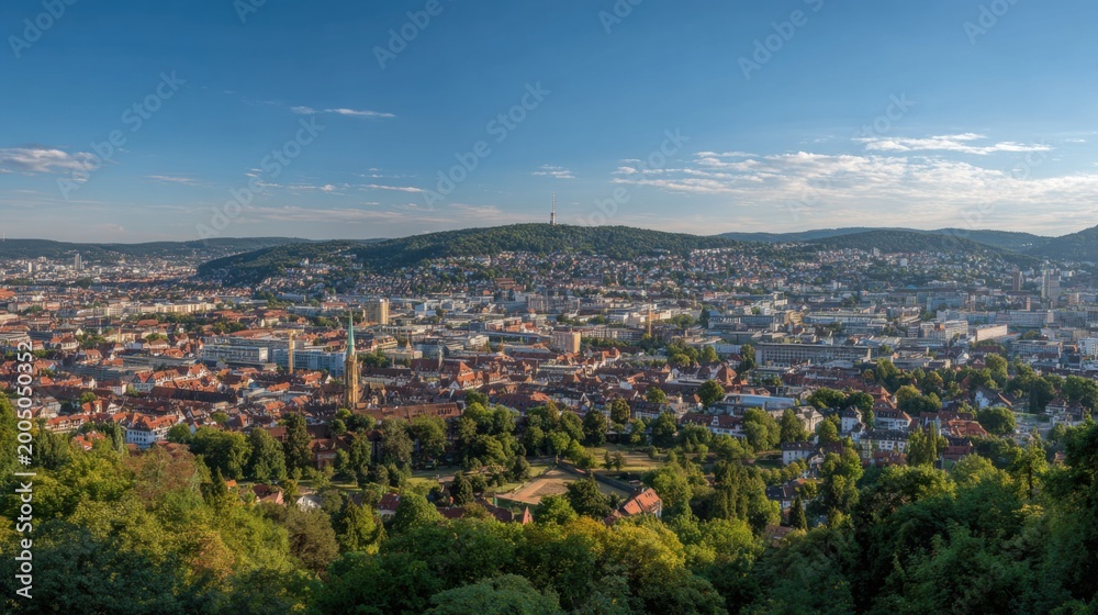 Obraz premium panoramic view of Stuttgart, summer daylight, clear sky, German architecture, beautiful landscape, vibrant colors