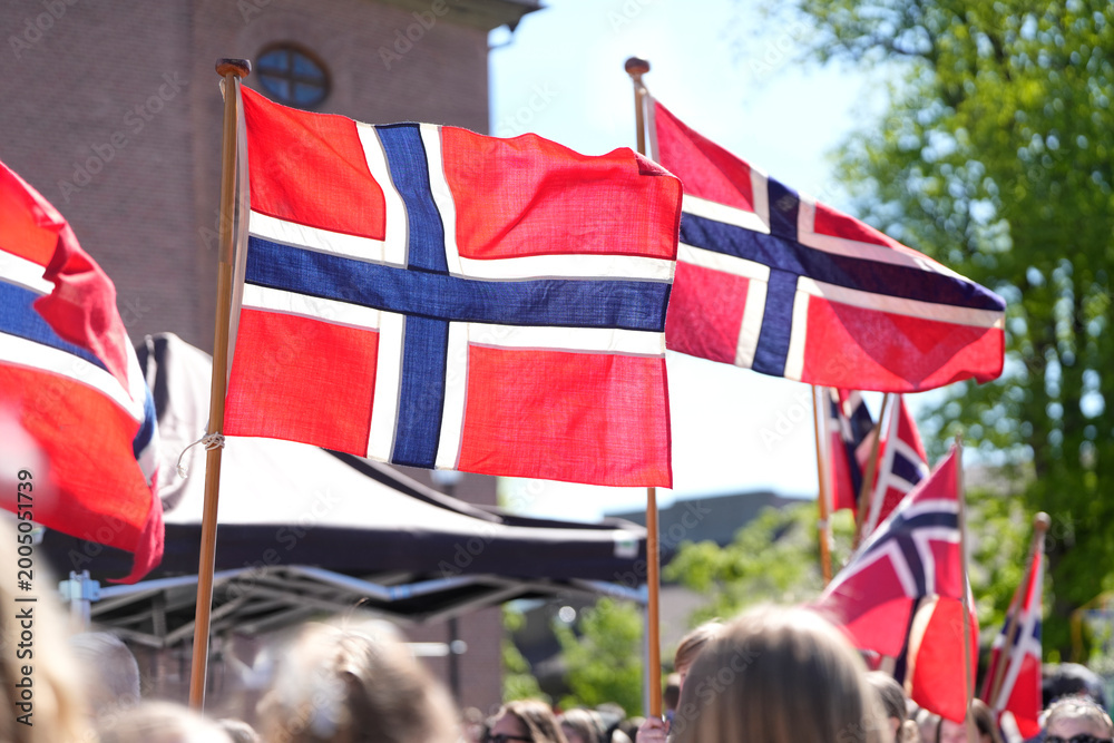 Obraz premium Multiple Norwegian Flags Different Sizes Festive Crowd — May 17 National Day Parade Celebration Norway Patriotism