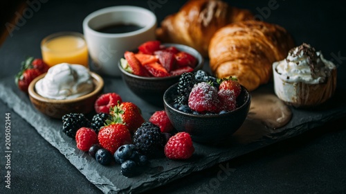 Luxury brunch scene with berries, cream, and pastries arranged on a slate board, moody tones