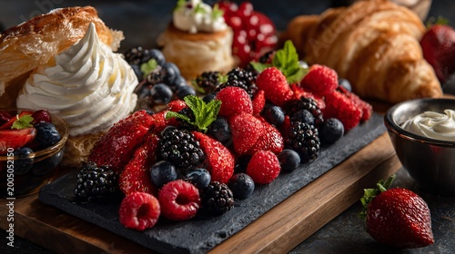 Luxury brunch scene with berries, cream, and pastries arranged on a slate board, moody tones