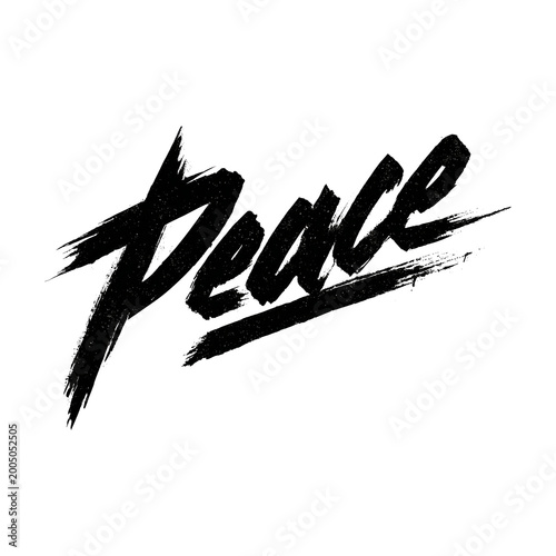 Grunge brush lettering showing word Peace, in distressed style isolates on white background, concept of harmony and calm