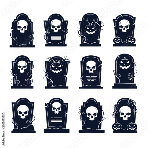 Bild auf Leinwand Halloween Tombstone Icons: Skulls, Pumpkins, Spooky Graveyard Set