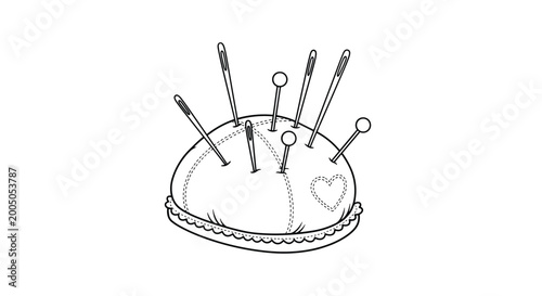 Black and white line art illustration of a sewing pin cushion filled with several needles and pins featuring a heart detail.