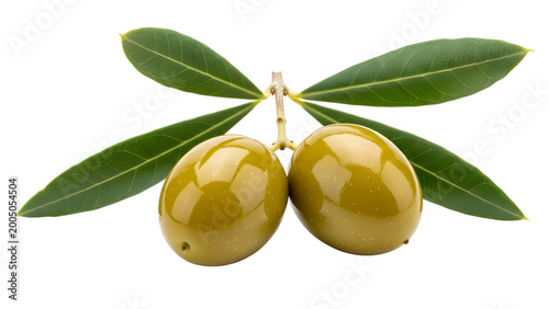 Two Fresh Green Olives With Leaves Isolated On White Background