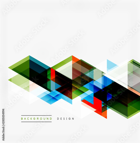 Abstract geometric shapes overlap, creating dynamic visual effect. Bright colors contrast against white background. Modern design element.