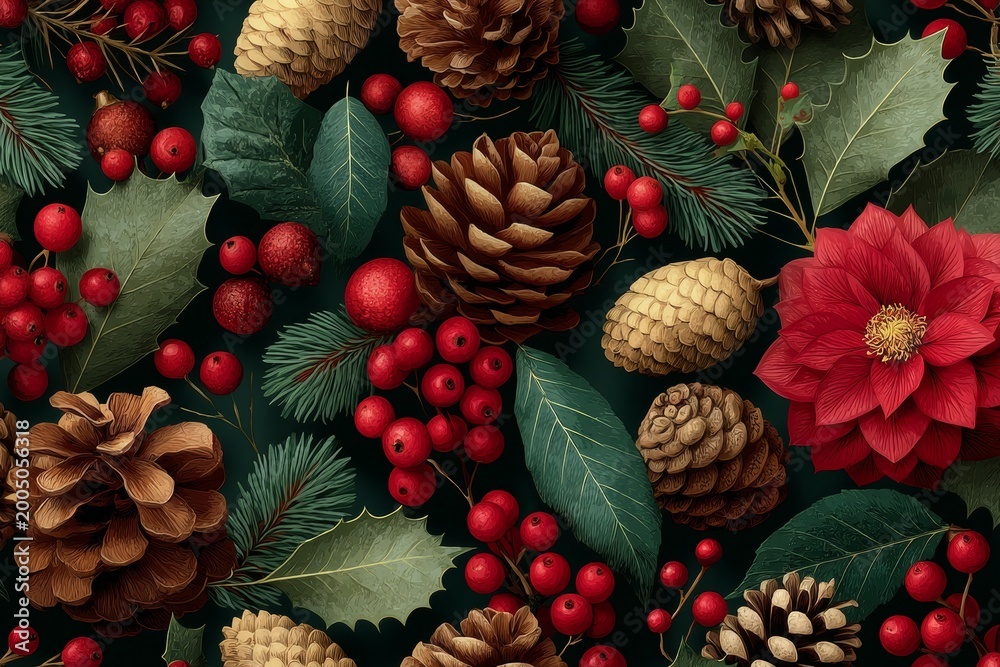 Fototapeta premium Festive Winter Holiday Arrangement with Pinecones Berries and Greenery.
