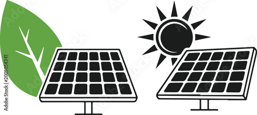 Solar panels with green leaf and sun icons representing renewable energy