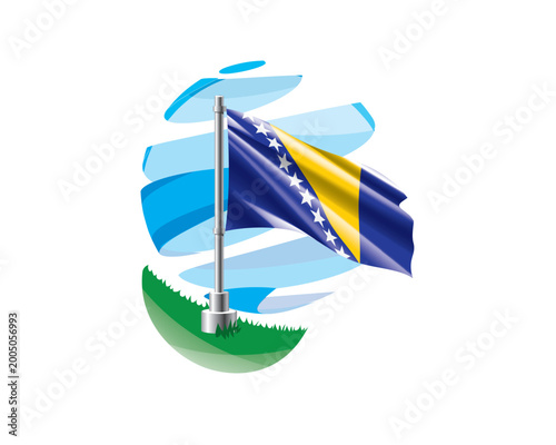 Canvas Print Bosnia and Herzegovina flag on a green lawn against a background of blue abstrac